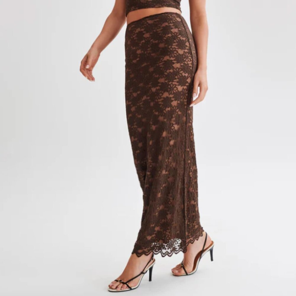 Meshki - Brown Floral lace maxi skirt SIZE XS